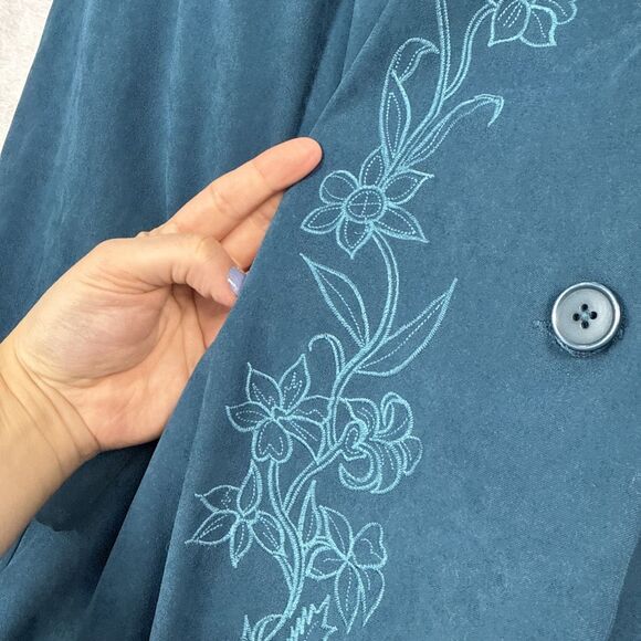 Susan Graver Faux Suede Duster Jacket Womens XL/1X? Teal Embroidered Floral Boho - Picture 3 of 9